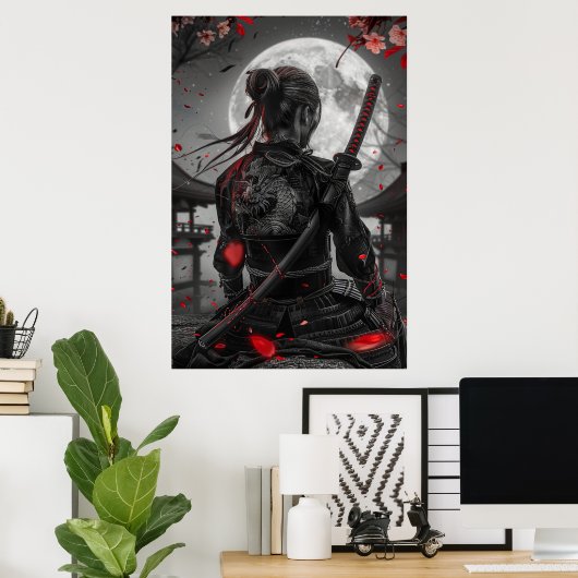 Japanese samurai woman with tattoo under full moon poster (Thuiskantoor)