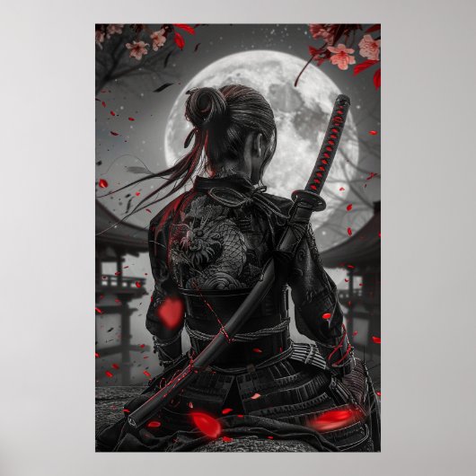 Japanese samurai woman with tattoo under full moon poster (Voorkant)