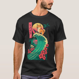 Japanese Shiba Inu Surfing Wave Great Wave Japan T-shirt