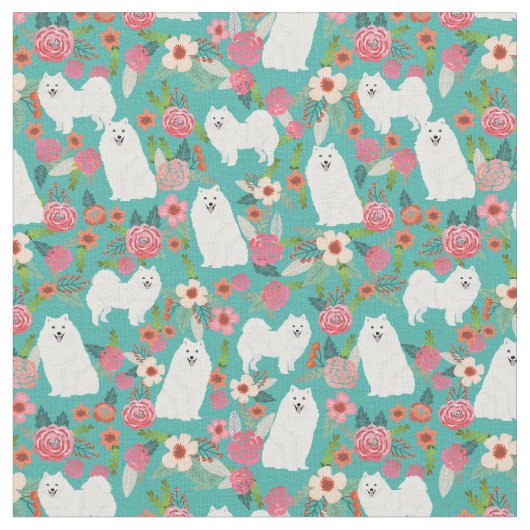 japanese spitz hond florals turquoise stof (Close Up)