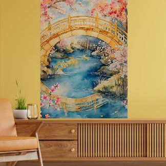 Japanese-style arched bridge spans a tranquil rive poster