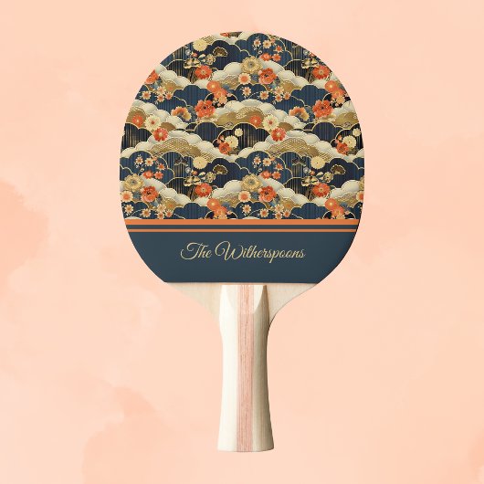 Japanese Style Retro Teal Floral and Clouds Print Tafeltennisbatje