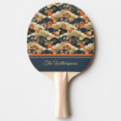 Japanese Style Retro Teal Floral and Clouds Print Tafeltennisbatje (Voorkant)