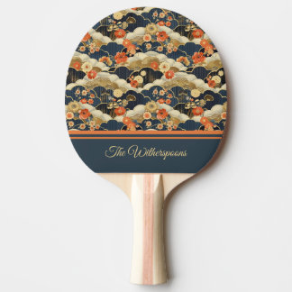 Japanese Style Retro Teal Floral and Clouds Print Tafeltennisbatje