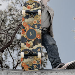 Japanese Style Retro Teal Floral n Clouds Initial Persoonlijk Skateboard