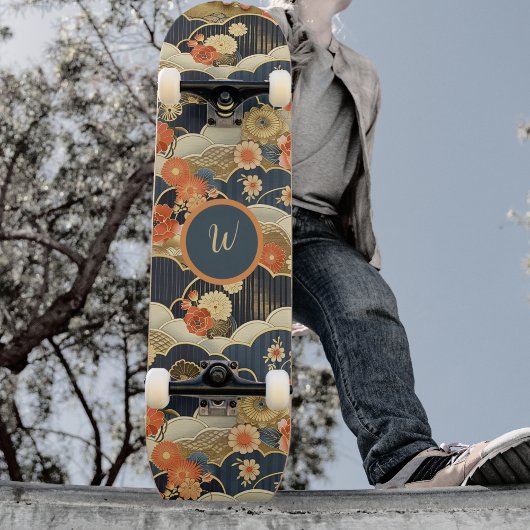 Japanese Style Retro Teal Floral n Clouds Initial Persoonlijk Skateboard