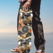 Japanese Style Retro Teal Floral n Clouds Initial Persoonlijk Skateboard