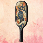Japanese Style Retro Teal Floral n Clouds Initial Pickleball Paddle