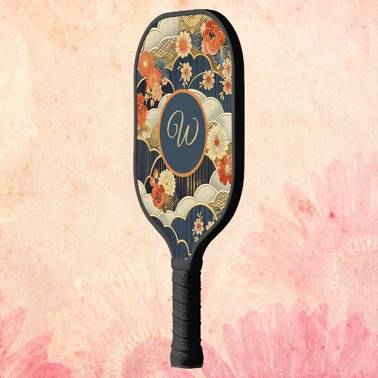 Japanese Style Retro Teal Floral n Clouds Initial Pickleball Paddle