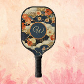 Japanese Style Retro Teal Floral n Clouds Initial Pickleball Paddle