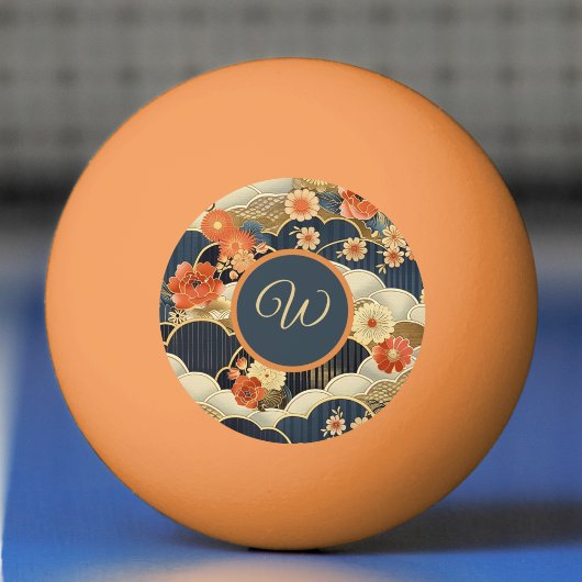Japanese Style Retro Teal Floral n Clouds Initial Pingpongbal