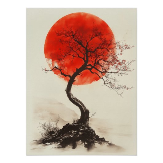 Japanese Sunset Tree - Red Sun Silhouette Art Perfect Poster (Voorkant)