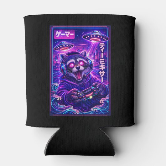 Japanese Synthwave Sci Fi UFO Raccoon Cool Gamer Blikjeskoeler (Achterkant)