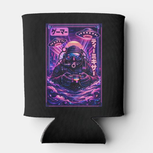 Japanese Synthwave Sci Fi UFO Scuba Cool Gamer Blikjeskoeler (Achterkant)