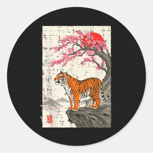 Japanese Tiger Cherry Blossoms Sakura Art Women Me Ronde Sticker (Voorkant)