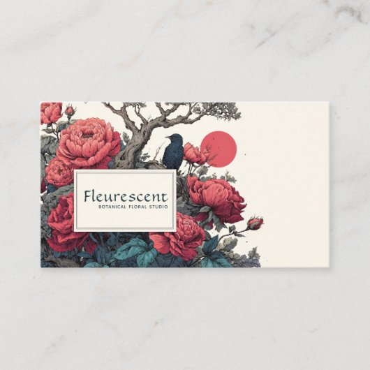 Japanese Ukiyo-e Style Red Peony Black Bird Visitekaartje (Voorkant)