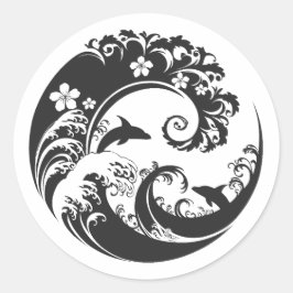 Japanese Wave & Hibiscus charcoal black Ronde Sticker