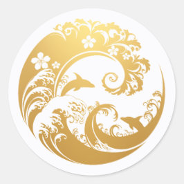 Japanese Wave & Hibiscus Gold Ronde Sticker