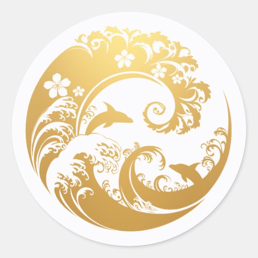 Japanese Wave & Hibiscus Gold Ronde Sticker (Voorkant)