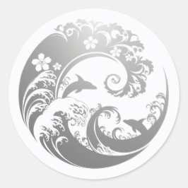 Japanese Wave & Hibiscus Silver Ronde Sticker