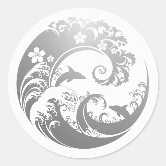 Japanese Wave & Hibiscus Silver Ronde Sticker (Voorkant)