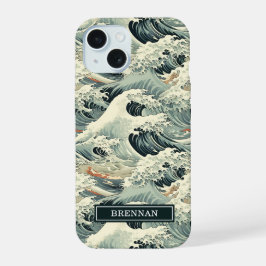 Japanese Wave Pattern Monogrammed iPhone 15 Case