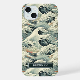 Japanese Wave Pattern Monogrammed iPhone 15 Plus Case