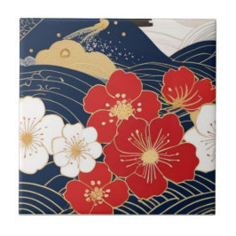 Japanese Waves and Blossoms Ceramic Tile - Piece 1 Tegeltje