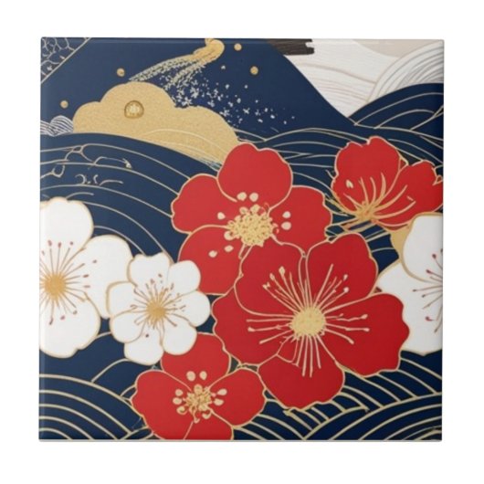 Japanese Waves and Blossoms Ceramic Tile - Piece 1 Tegeltje (Voorkant)