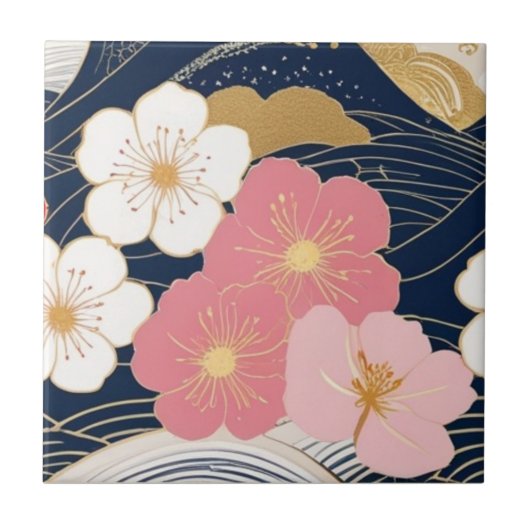 Japanese Waves and Blossoms Ceramic Tile - Piece 3 Tegeltje (Voorkant)