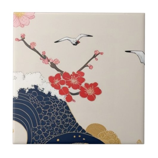 Japanese Waves and Blossoms Ceramic Tile - Piece 4 Tegeltje (Voorkant)