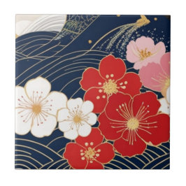 Japanese Waves and Blossoms Ceramic Tile - Piece 5 Tegeltje