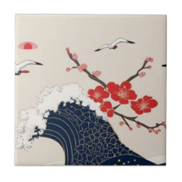 Japanese Waves and Blossoms Ceramic Tile - Piece 6 Tegeltje