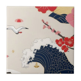Japanese Waves and Blossoms Ceramic Tile - Piece 8 Tegeltje