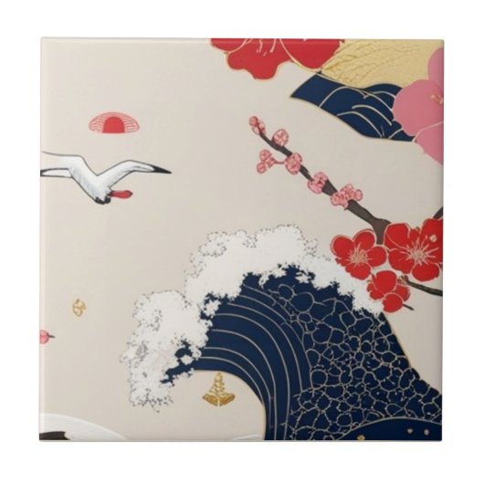 Japanese Waves and Blossoms Ceramic Tile - Piece 8 Tegeltje (Voorkant)