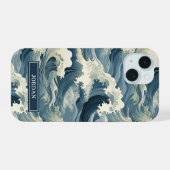 Japanese Waves Pattern Monogrammed iPhone 15 Case (Achterkant horizontaal)