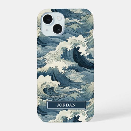 Japanese Waves Pattern Monogrammed iPhone 15 Case (Achterkant)