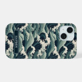 Japanese Waves Print Monogrammed iPhone 15 Case (Achterkant horizontaal)