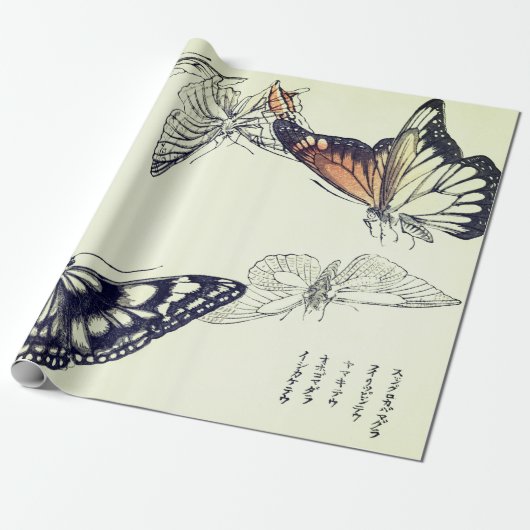JAPANESE WOODBLOCK PRINT BUTTERFLY Wrapping Paper Cadeaupapier (Uitgerold)