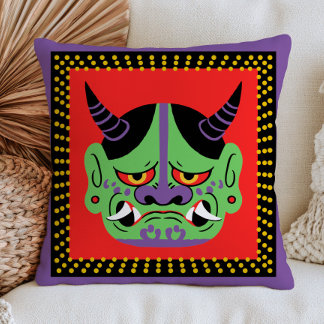 Japanese Yokai Green Kami Mask on Red Maximalist Kussen