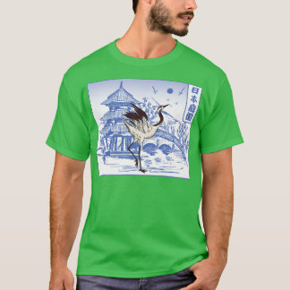 Japanner Crane Bird Temple Sakura Tree Cherry Blos T-shirt