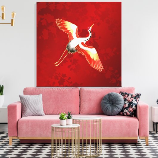 Japanner Crane Red Cherry Blossom Canvas Afdruk (Insitu (Woonkamer))