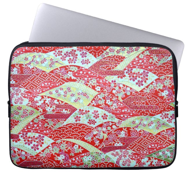 Japanner Washi Art Red Floral Origami Yuzen Laptop Sleeve (Voorkant)