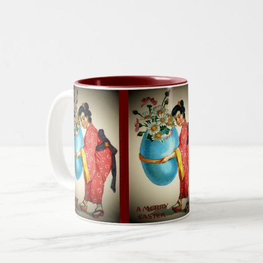  Japanners, eiervaas met bloemen, ZSSG Tweekleurige Koffiemok (Voorkant links)