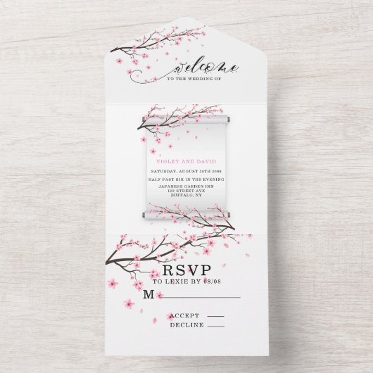 Japanners met scrollCherry Blossom Wedding All In One Uitnodiging (Binnen)