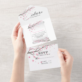 Japanners met scrollCherry Blossom Wedding All In One Uitnodiging