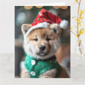 Japans Akita Elf Puppy Kerst Kaart (Gele Bloem)