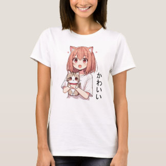 Japans Anime Schattige Meisje en Kat T-shirt
