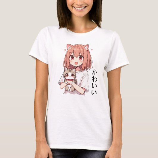 Japans Anime Schattige Meisje en Kat T-shirt (Voorkant)