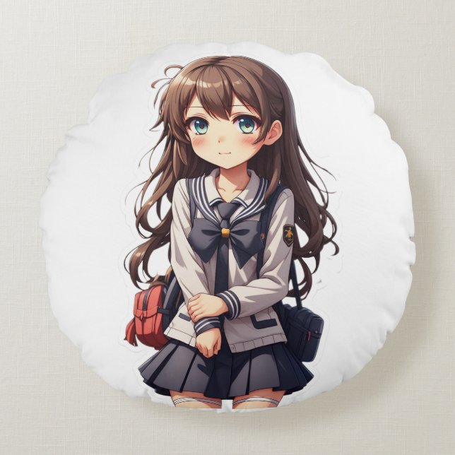 Japans anime school meisje rond kussen (Voorkant)